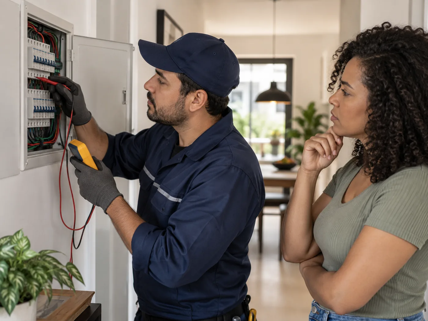 Eletricista inspecionando painel elétrico em residência